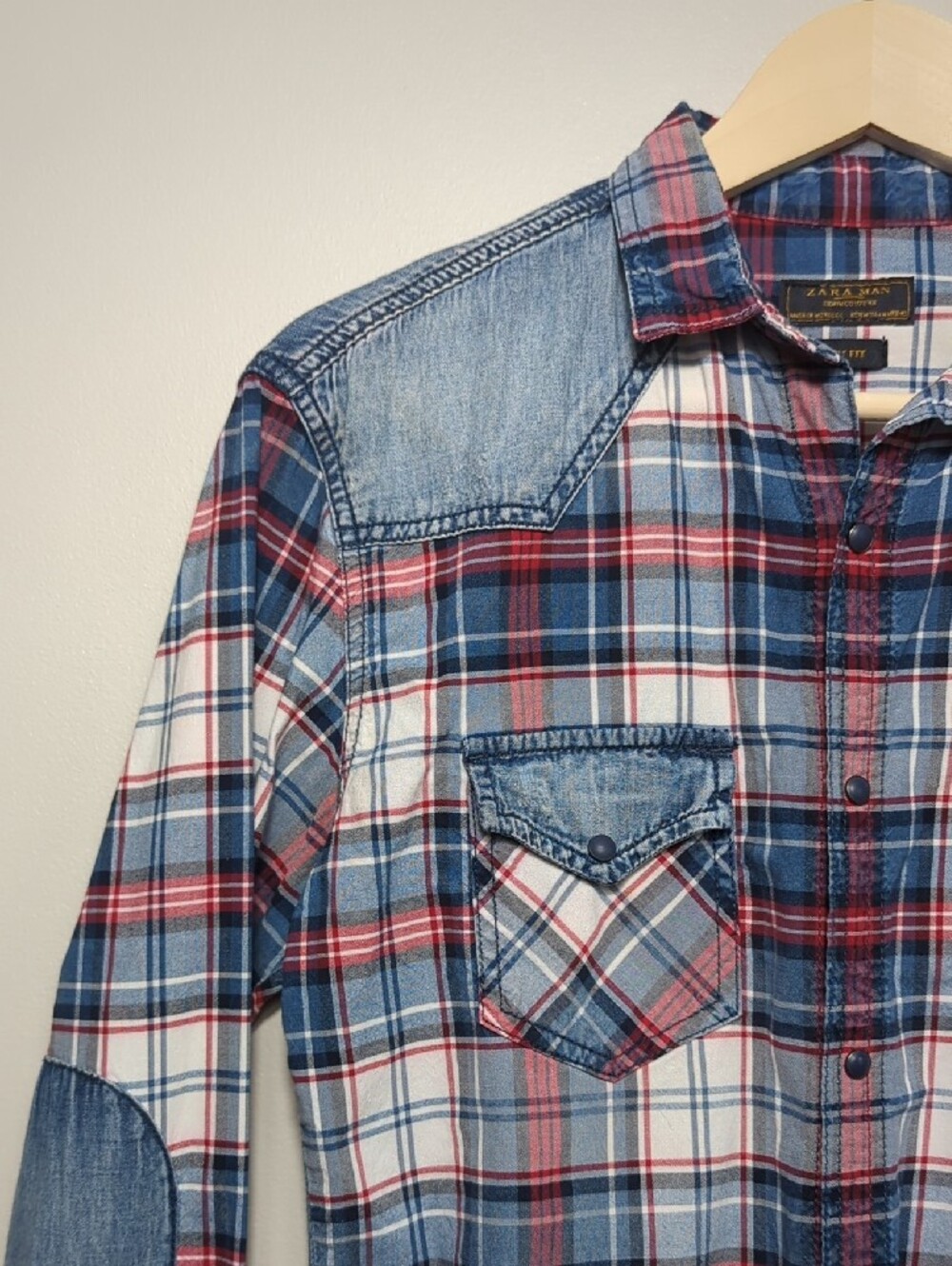 Zara Man‎ Slim Fit Plaid Button-Up Shirt Denim Red White Blue 4th of July SM/MED - Picture 5 of 16